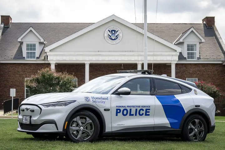 Federal Protective Service Ford Mustang Mach-E police vehicle in white with blue markings